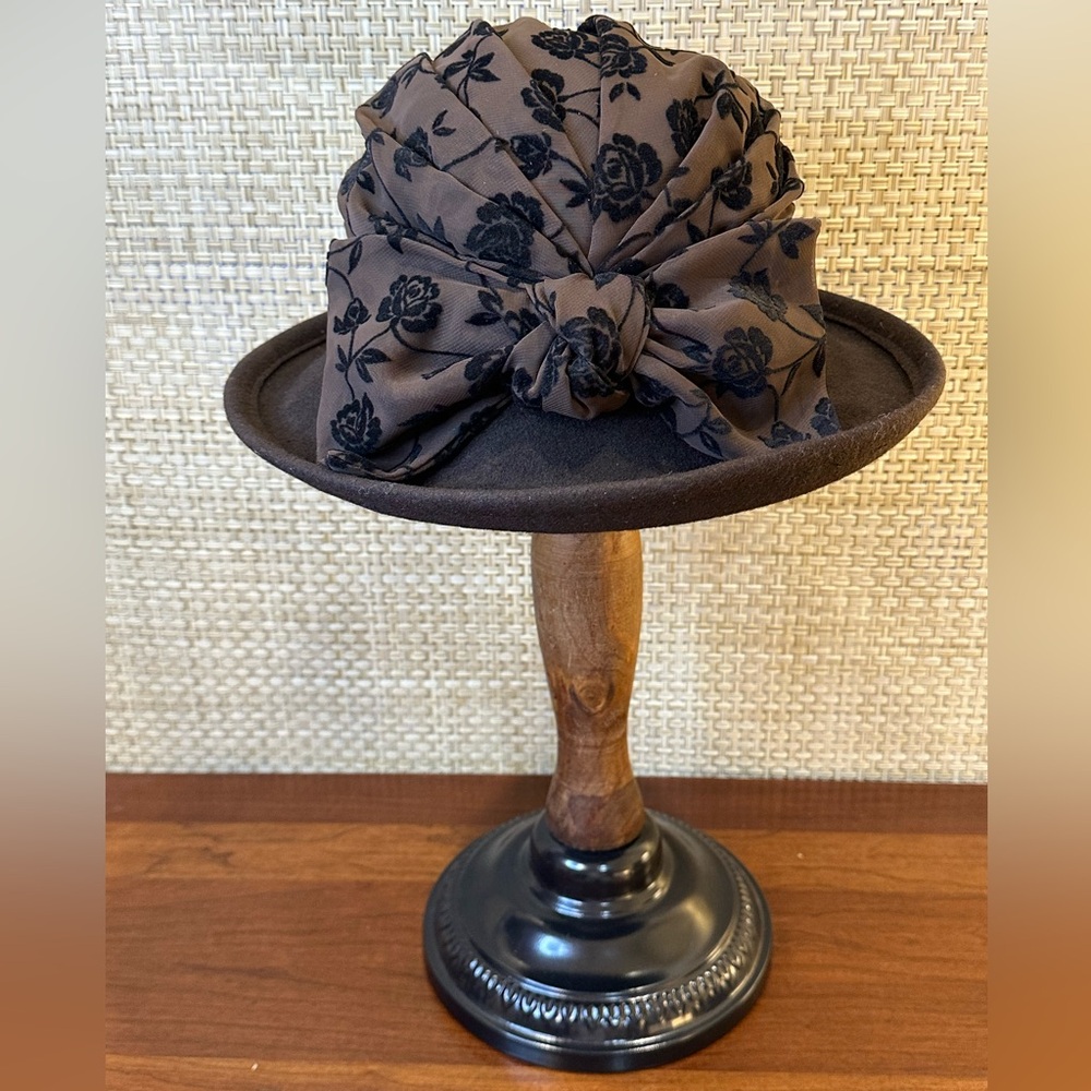VTG 1980s-90s Betmar 100% Brown Wool Hat w/ Burnout Scarf Bow